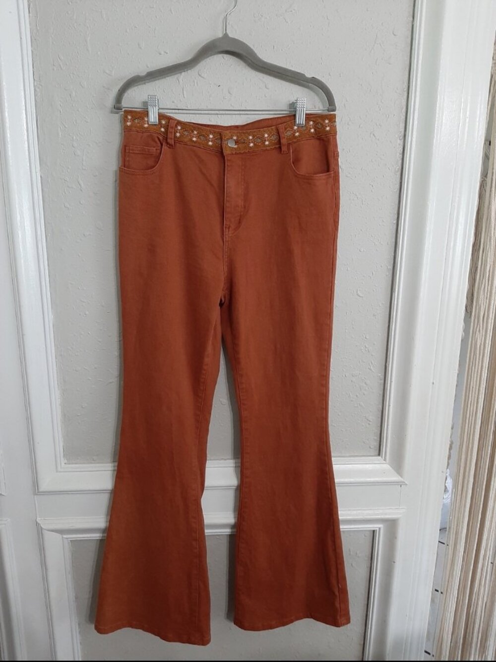 Retro pink lady bellbottoms rust boho embroidered western twill pants flare l